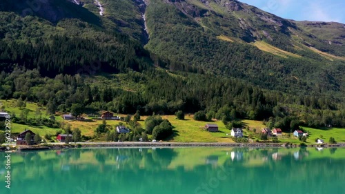 Aerial view of the landscape of valleys, plains, fjords, valleys, plains, hills and mountains in Norway.