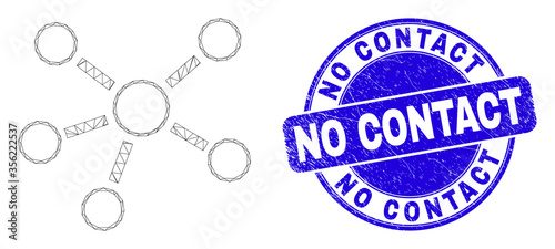 Web mesh relations icon and No Contact seal stamp. Blue vector rounded distress stamp with No Contact text. Abstract carcass mesh polygonal model created from relations icon.