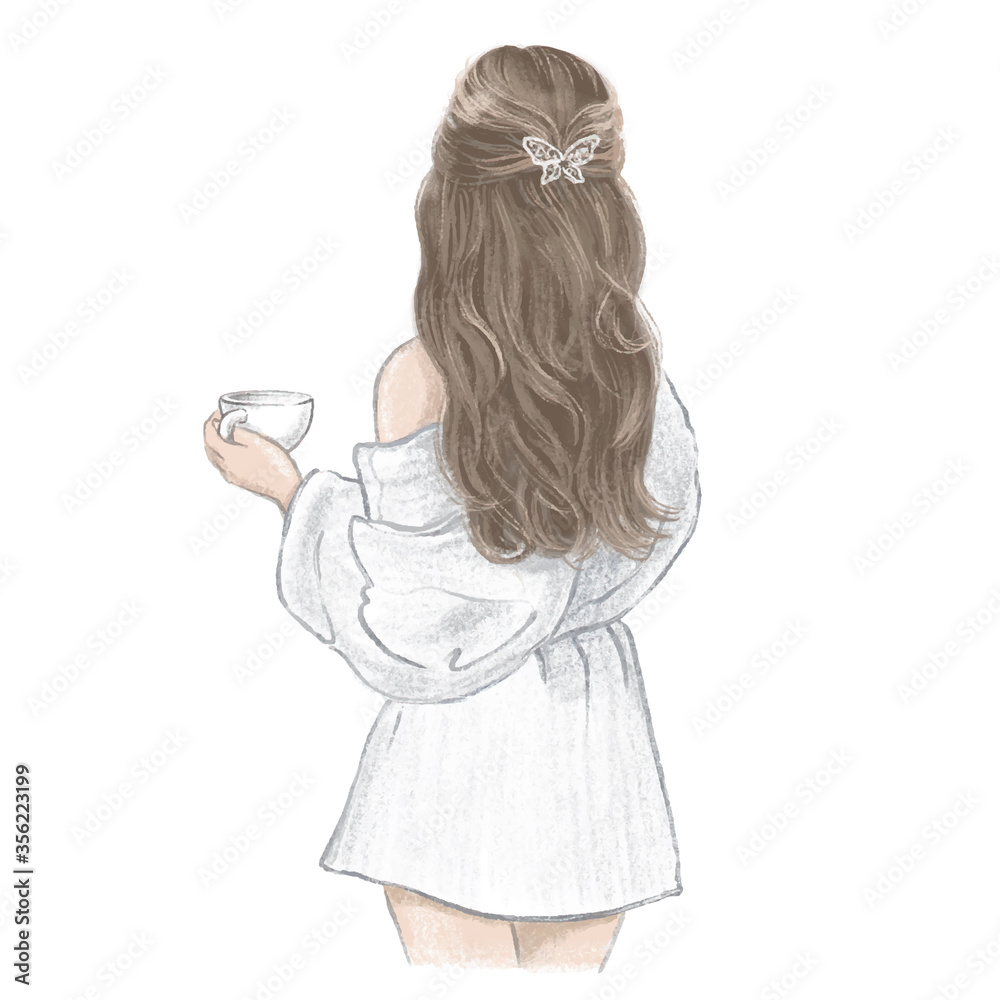 Girls Spa Day. Young woman in white bathrobe with a cup of tea, hand drawn illustration Girls Spa Day. Young woman in white bathrobe with a cup of tea, hand drawn illustration