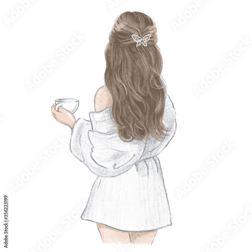 Girls Spa Day. Young woman in white bathrobe with a cup of tea, hand drawn illustration