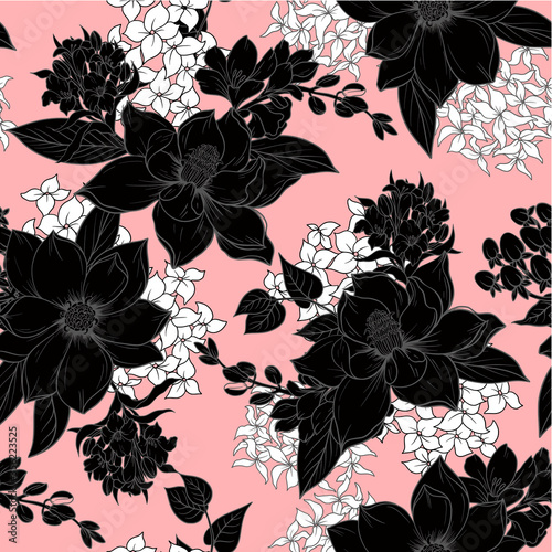 Seamless pattern with monochrome graphic flowers for textile design. Vector.