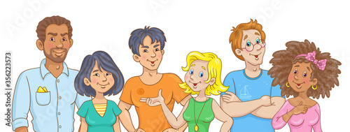 Group of young men and women of different nationalities. Half-length portrait. Banner in cartoon style. Isolated on white background. Vector illustration.
