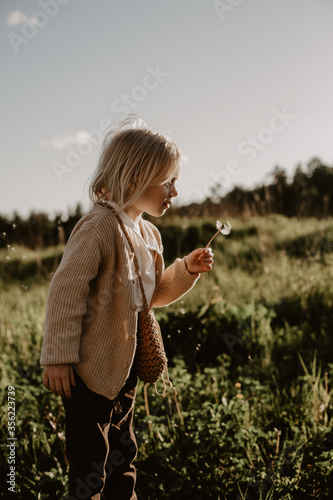 little cute blonde girl blowing on a dandelion