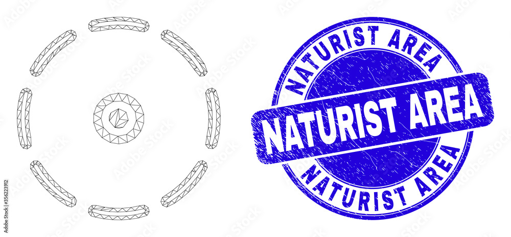 Web carcass round perimeter pictogram and Naturist Area seal stamp. Blue vector round grunge stamp with Naturist Area text. Web carcass round perimeter pictogram and Naturist Area seal stamp. Blue vector round grunge stamp with Naturist Area text.