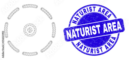 Web carcass round perimeter pictogram and Naturist Area seal stamp. Blue vector round grunge stamp with Naturist Area text.