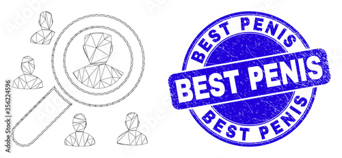 Web carcass search users pictogram and Best Penis seal stamp. Blue vector rounded textured seal stamp with Best Penis phrase. Abstract carcass mesh polygonal model created from search users icon.