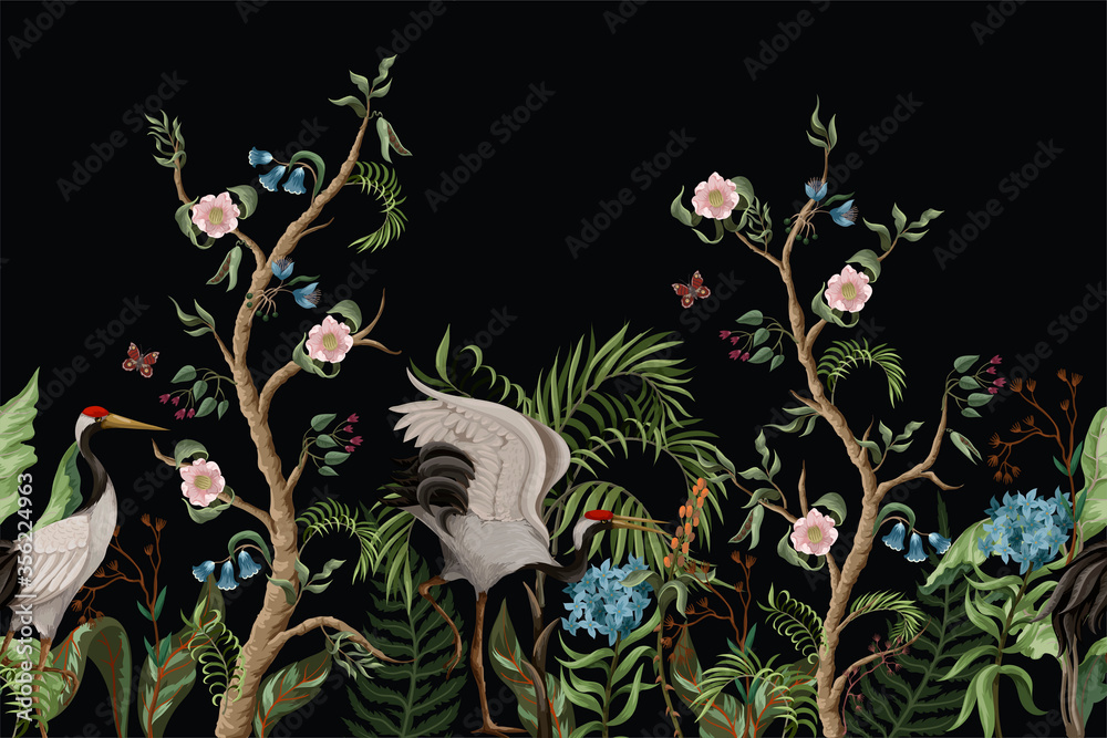 Fototapeta Border with cranes and peonies in chinoiserie style. Vector.