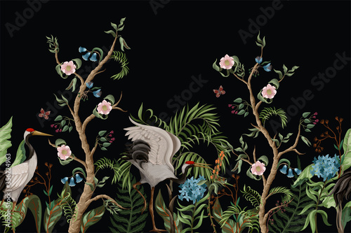 Border with cranes and peonies in chinoiserie style. Vector.