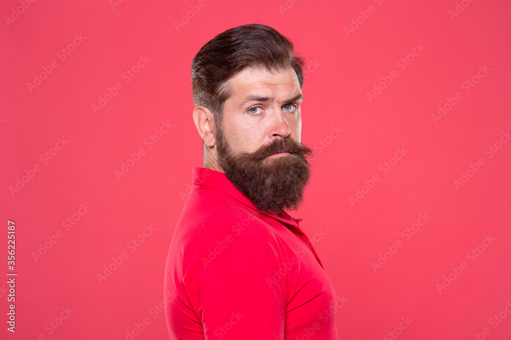 Hair cut for your beard shape. Bearded man red background. Brutal hipster  wear long beard. Hair salon. Barbershop. Salon hair care. Haircare. Grooming  products. Hair design trends Stock Photo | Adobe Stock
