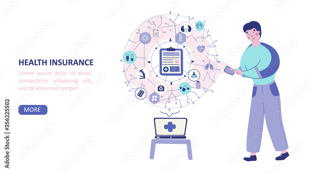 Medical service, insurance policy selection online, flat cartoon illustration, cartoon web banner, webpage. Medical service, insurance policy selection online, flat cartoon illustration, cartoon web banner, webpage.