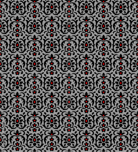 seamless pattern with bright orange and beige paisley and swirls on a light turquoise background