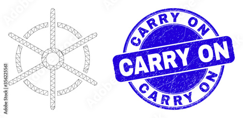 Web mesh ship rule wheel pictogram and Carry On seal stamp. Blue vector round distress stamp with Carry On caption. Abstract carcass mesh polygonal model created from ship rule wheel pictogram.