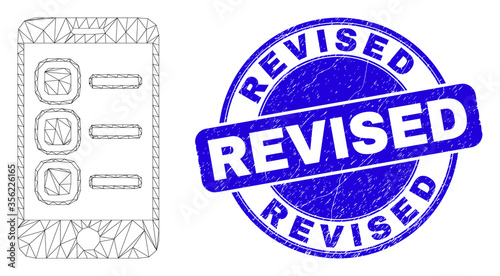 Web mesh smartphone tasks icon and Revised seal stamp. Blue vector round distress seal stamp with Revised message. Abstract carcass mesh polygonal model created from smartphone tasks icon.