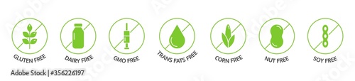 Organic food and drink labels. Food dietary. Product free allergen line icons. Natural products green stickers. Food intolerance. Healthy eating. GMO free emblems. Vegan, bio. Vector illustration