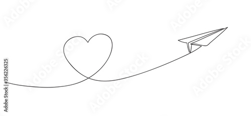 Heart symbol and paper airplane. Love voyage and travel concept. Continuous line art drawing vector illustration