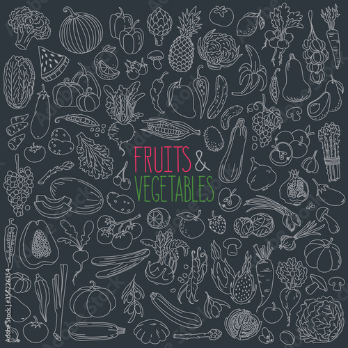 Fruits and vegetables drawn on blackboard - pumpkin, corn, apple, cabbage, broccoli, mango, eggplant, tomato, potato, banana, onion, papaya. Vector freehand illustration isolated on black background.