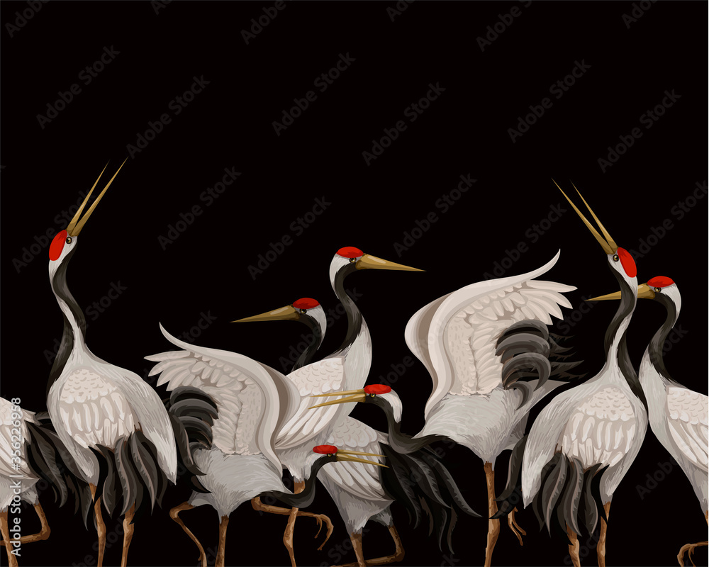 Border with Japanese white cranes. Oriental wallpaper. - obrazy, fototapety, plakaty 