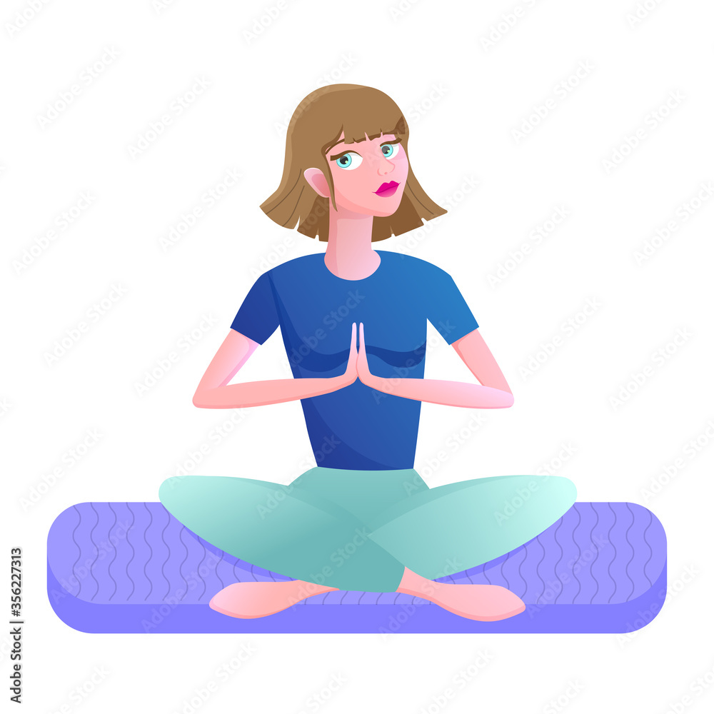 Yoga practice. Girl in cartoon style is engaged in yoga.