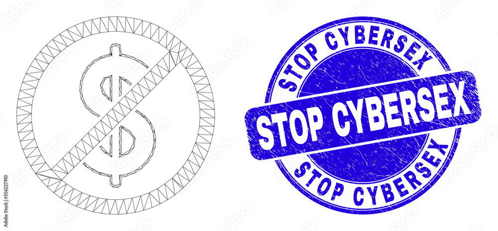 Web carcass stop dollar pictogram and Stop Cybersex seal. Blue vector round textured seal stamp with Stop Cybersex phrase. Abstract frame mesh polygonal model created from stop dollar pictogram. Web carcass stop dollar pictogram and Stop Cybersex seal. Blue vector round textured seal stamp with Stop Cybersex phrase. Abstract frame mesh polygonal model created from stop dollar pictogram.