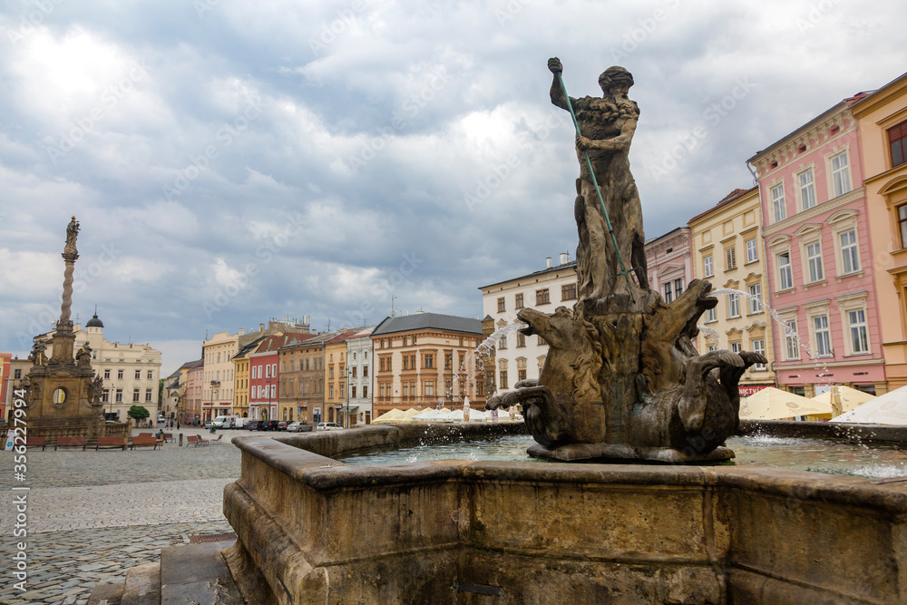 The 18th-century Holy Trinity Column with baroque fountain in the tourist downtown of Olomouc, city in the eastern province of Moravia in the Czech Republic.