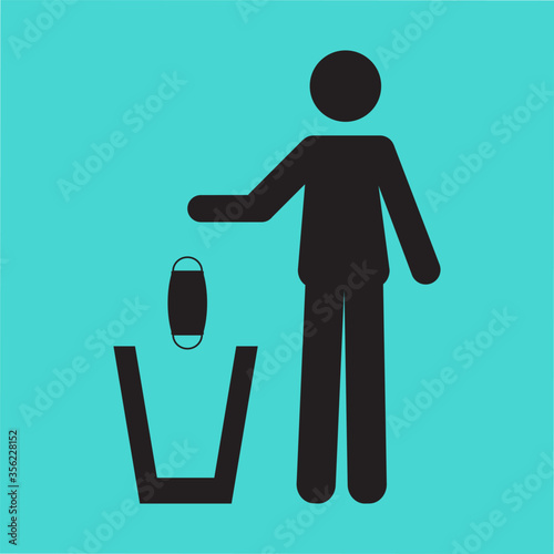 Icon pictogram of a person throwing a face mask in a trash can. Coronavirus, COVID-19 virus waste. Flat vector illustration