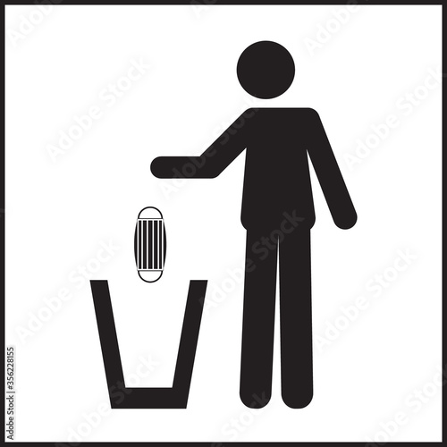 Icon pictogram of a person throwing a face mask in a trash can. Coronavirus, COVID-19 virus waste. Flat vector illustration