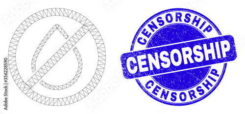 Web mesh stop water leak pictogram and Censorship stamp. Blue vector rounded distress seal stamp with Censorship phrase. Abstract frame mesh polygonal model created from stop water leak pictogram.