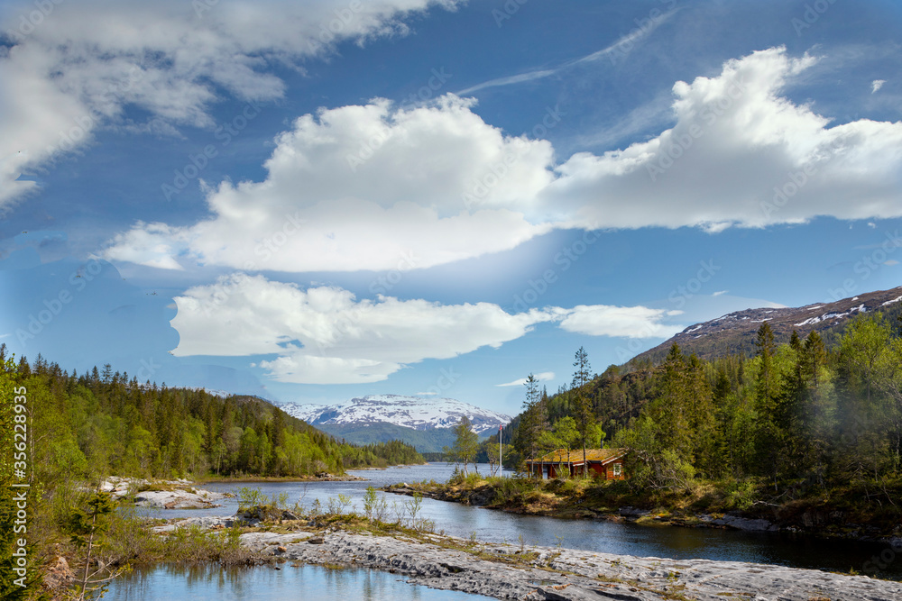 On the banks of the river in great Velfjord nature, Northern Norway