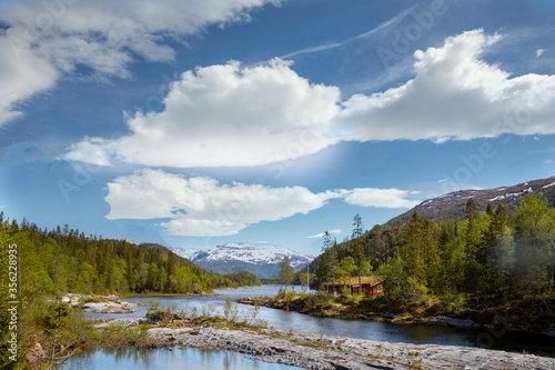 Fototapeta Naklejka Na Ścianę i Meble -  On the banks of the river in great Velfjord nature, Northern Norway