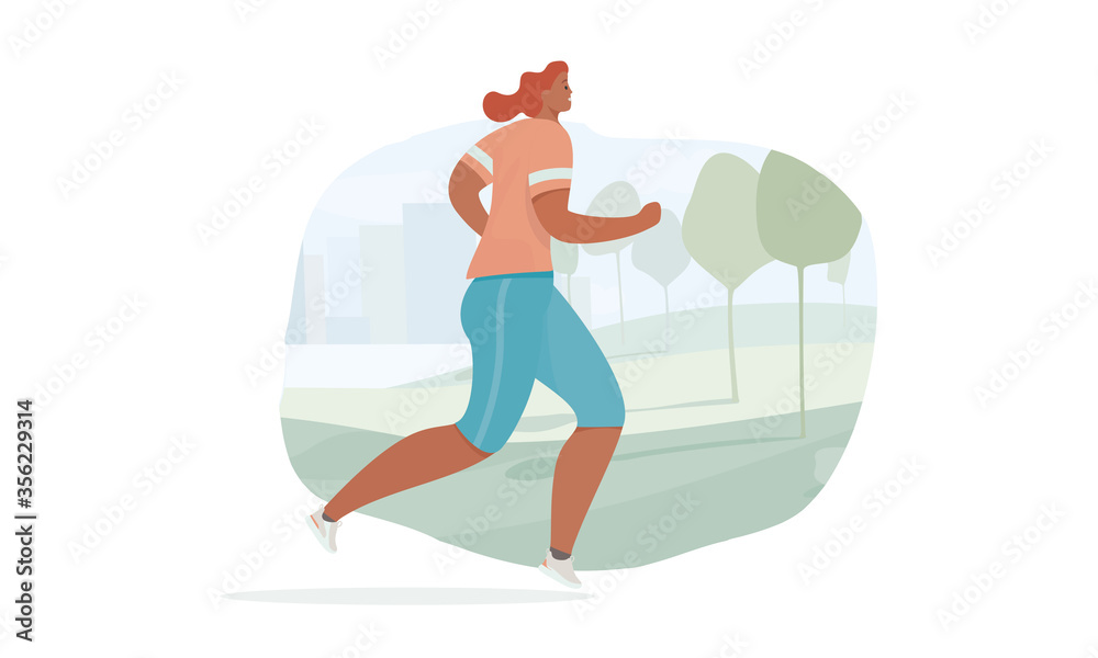 People run. Running woman in morning park. Marathon race. Flat cartoon character. Vector illustration.
