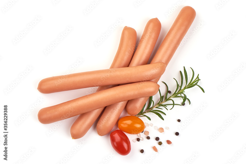 Boiled sausages with basil, isolated on white background Boiled sausages with basil, isolated on white background