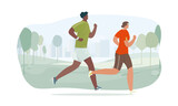 People run. Running man and woman in morning park. Flat cartoon characters. Vector illustration.