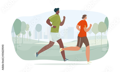 People run. Running man and woman in morning park. Flat cartoon characters. Vector illustration.