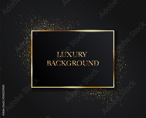 Luxury background design with gold frame and sparkling glitter on a black background with central copy space, colored vector illustration