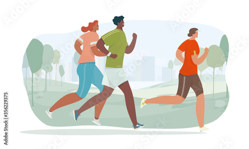 People run. Running man and women in morning park. Marathon race. Flat cartoon characters. Vector illustration. 