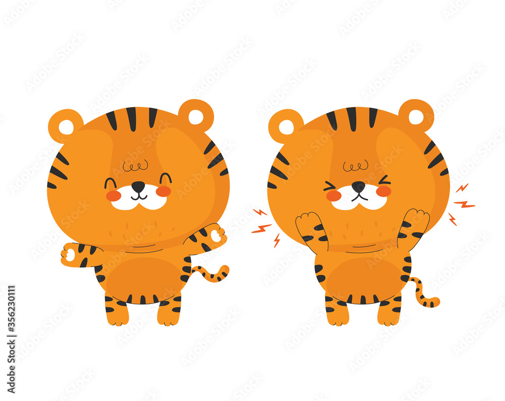Cute funny happy and sad little tiger. Vector Cute funny happy and sad little tiger. Vector