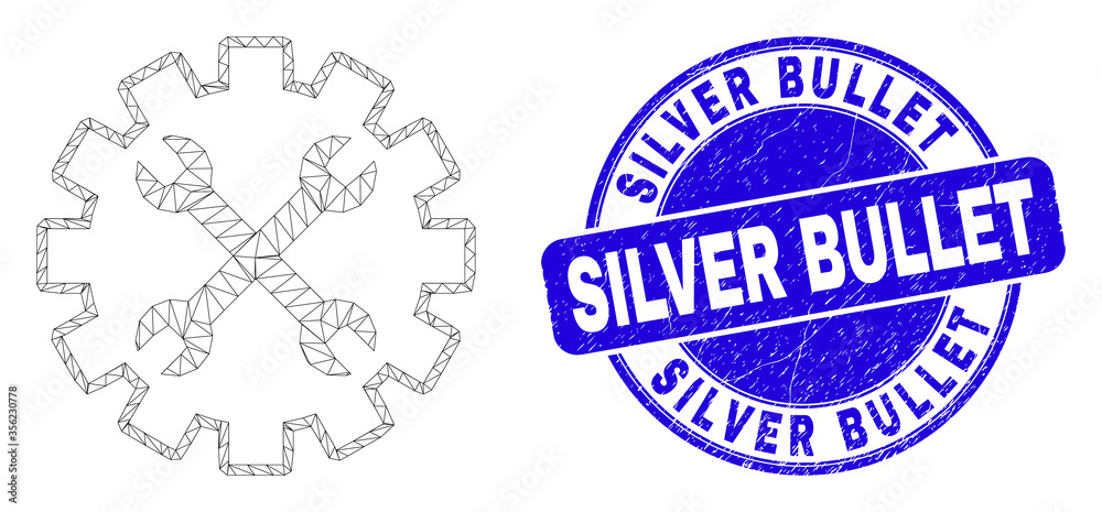 Fototapeta premium Web mesh tools gear icon and Silver Bullet stamp. Blue vector rounded distress seal stamp with Silver Bullet title. Abstract frame mesh polygonal model created from tools gear icon.