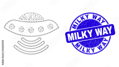 Web carcass UFO pictogram and Milky Way watermark. Blue vector round scratched watermark with Milky Way title. Abstract carcass mesh polygonal model created from UFO pictogram.