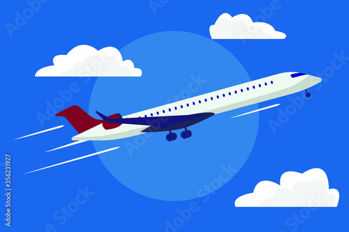 The plane is flying. Plane in the sky among the clouds. Vector illustration of an airplane.