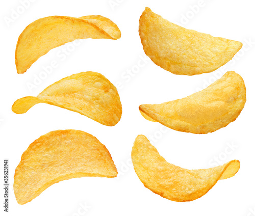 Set of delicious potato chips, isolated on white background