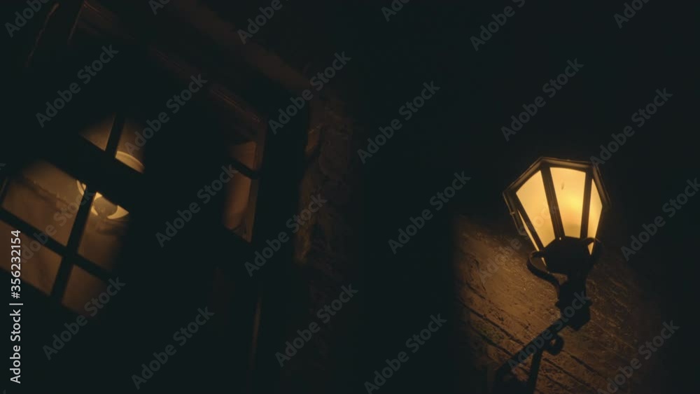 Haunted Halloween Scary Old London Alley with Antique Gas Lantern and Window POV