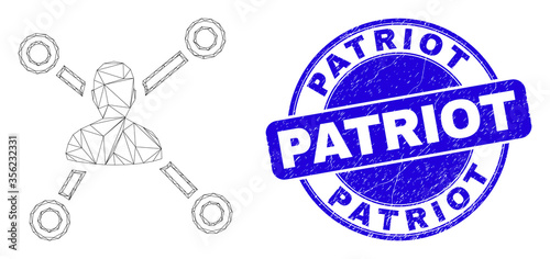Web carcass user links icon and Patriot seal stamp. Blue vector rounded distress seal stamp with Patriot phrase. Abstract carcass mesh polygonal model created from user links pictogram.