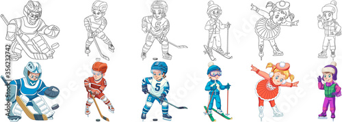 Coloring pages. Cartoon clipart set for kids activity coloring book, t shirt print, icon, logo, label, patch or sticker. Vector illustrations.
