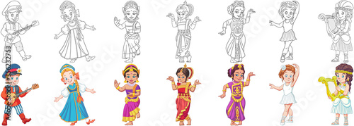 Coloring pages. Cartoon clipart set for kids activity coloring book, t shirt print, icon, logo, label, patch or sticker. Vector illustrations.