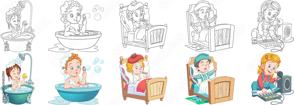 Coloring pages. Cartoon clipart set for kids activity coloring book, t shirt print, icon, logo, label, patch or sticker. Vector illustrations.