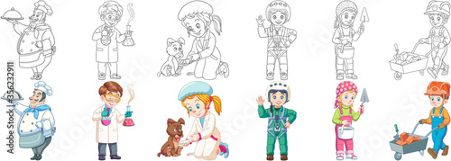 Coloring pages. Cartoon clipart set for kids activity coloring book, t shirt print, icon, logo, label, patch or sticker. Vector illustrations.