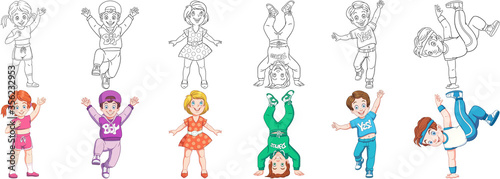 Coloring pages. Cartoon clipart set for kids activity coloring book, t shirt print, icon, logo, label, patch or sticker. Vector illustrations.