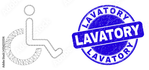 Web carcass wheelchair icon and Lavatory watermark. Blue vector round scratched seal with Lavatory text. Abstract carcass mesh polygonal model created from wheelchair icon.