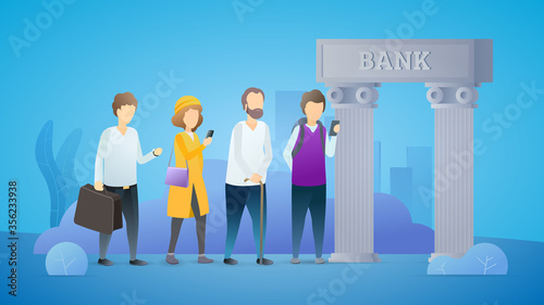 People are waiting in line before Bank. Businesspeople standing in line. Financial crisis and banking problems. People waiting payouts or government subsidies. Vector flat illustration concept.