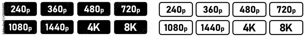 Set of simple video or movie resolution icons, number in rounded rectangle, black and white version Set of simple video or movie resolution icons, number in rounded rectangle, black and white version